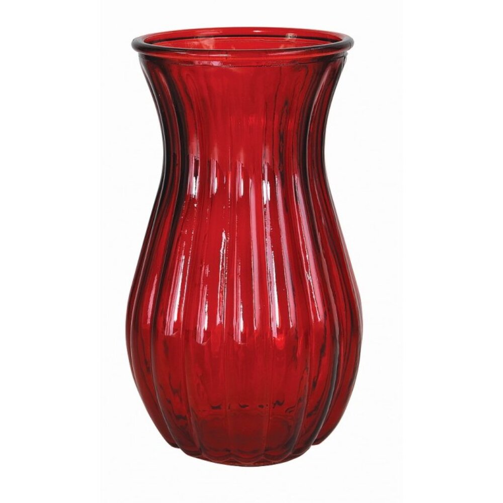 Vase Wide Mouth Glass Bouquet Red Ribbed Design
